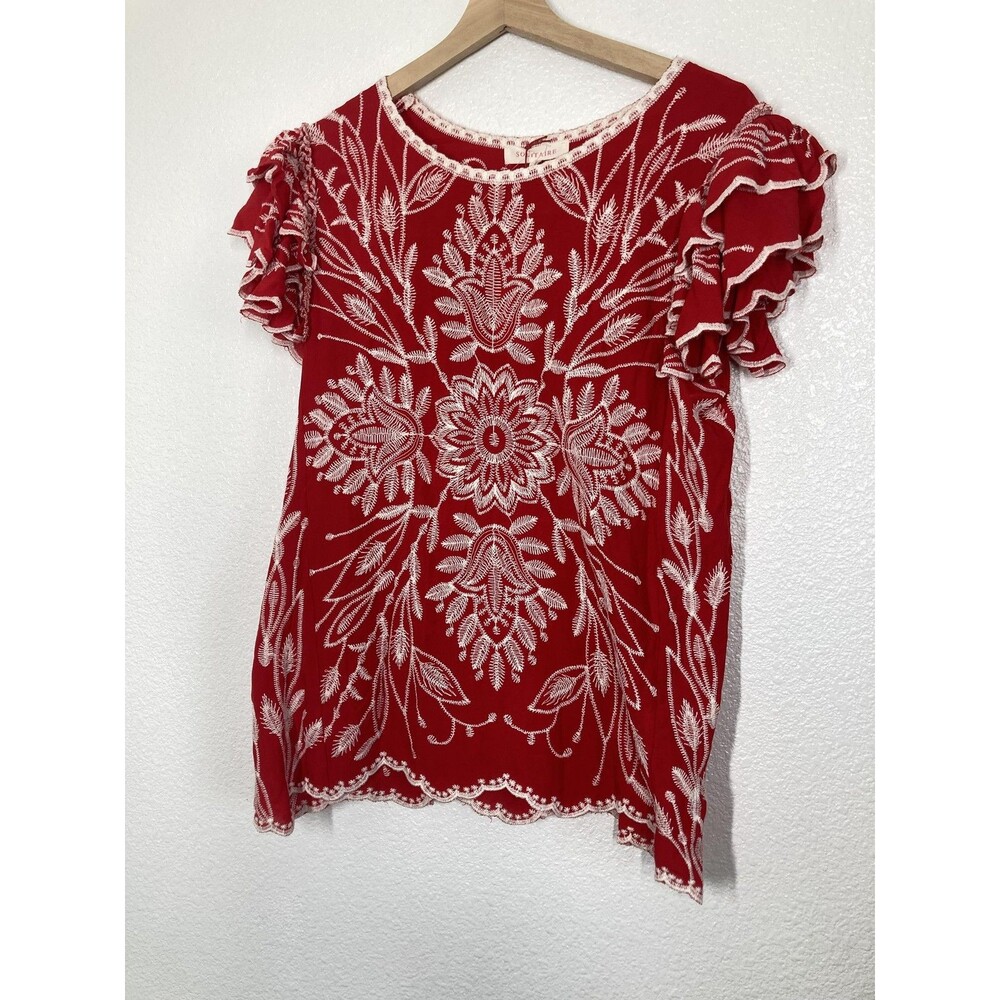 Solitaire Blouse Womens Medium Red Floral Embroidered Ruffle Flutter Top Boho - Picture 2 of 16